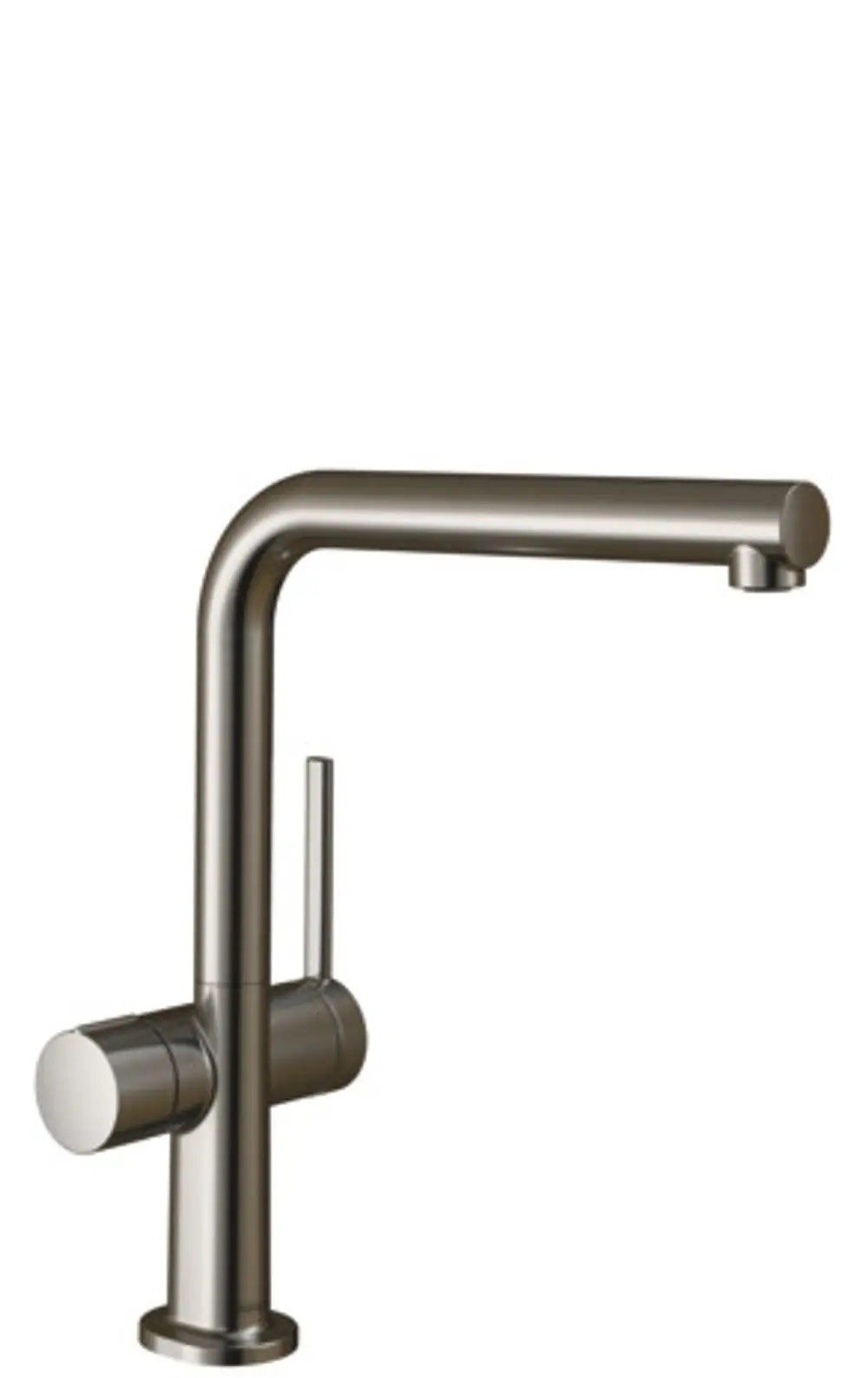 Hansgrohe Spültischmischer in Edelstahl-Optik mit einem langen, gebogenen Auslauf und einer seitlichen Betätigung für die Wassersteuerung.
